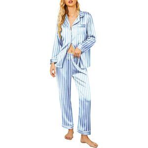 Women Blue Long Sleeve Sleepwear Soft Button Down Pj Set Loungewear Silk Satin